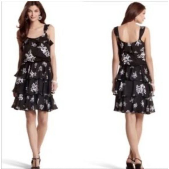 WHBM Dress 8 Flowy Flutter Stretch Washable Black White Floral Ruffle Washable - Picture 1 of 9